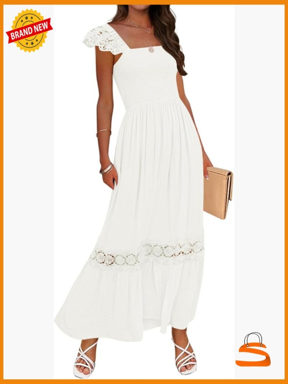 Lace Strap Sleeveless Square Neck Smocked High Waist Ruffle Maxi Dress